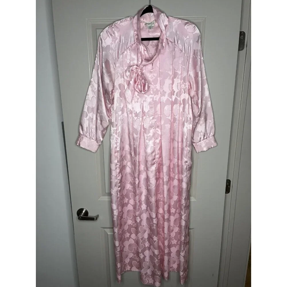 Vintage 80's Christian Dior Pink Satin Floral House Coat Sleep Dress Size Small